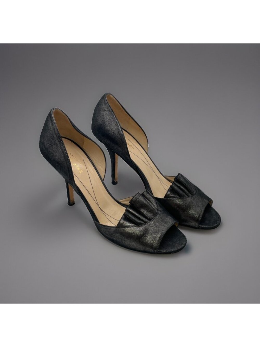 Kate Spade Heels Womens D'Orsay Slip On Leather Peep Toe Metallic Black Sz 8 B